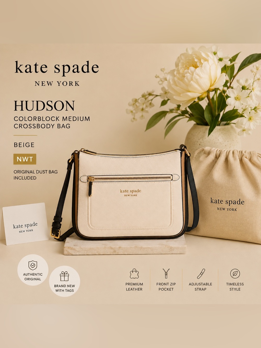 Kate Spade New York Hudson Colorblock Medium Crossbody Bag Beige NWT